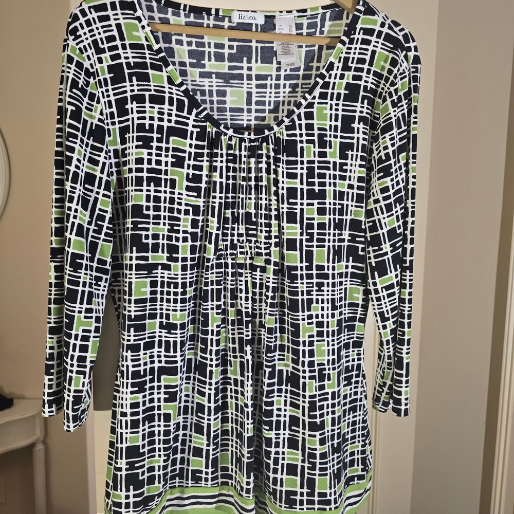 Liz & Co Womens XL Green Black Geometric Grid 3/4 Sleeve‎ Pleated Scoop Neck Top